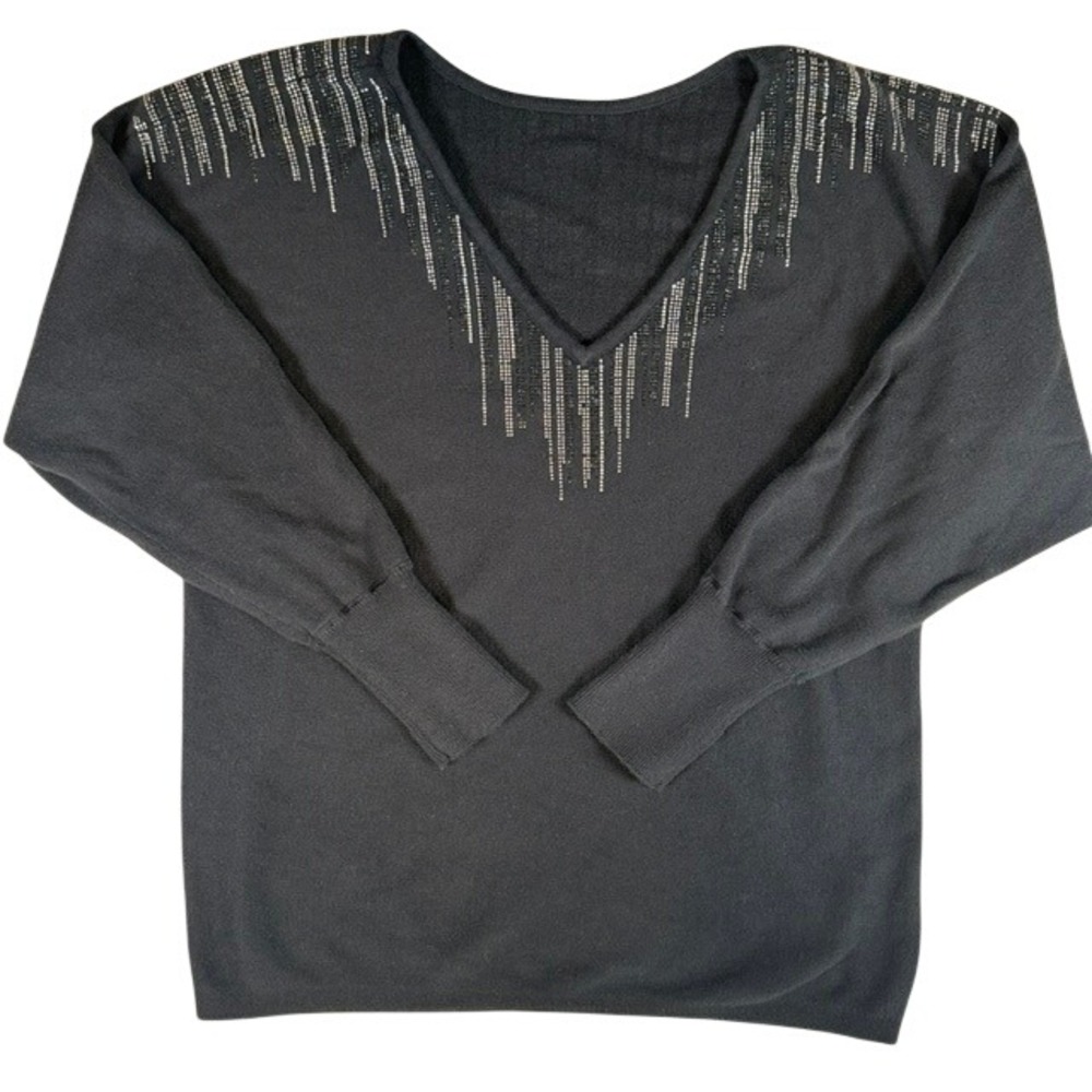 Vince Camuto Women's Black Rhinestone Sequins V-Neck Sweater SM Holiday
